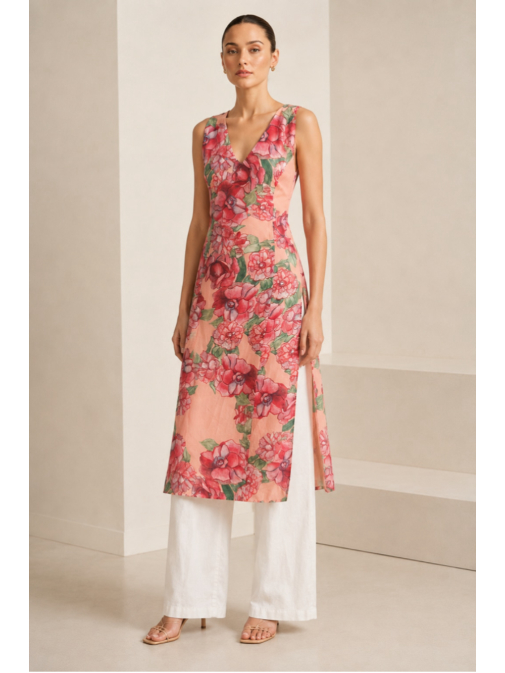 Ala von Auersperg Silk Floral Tunic Dress Top Pink Watercolor Side Slits Size M